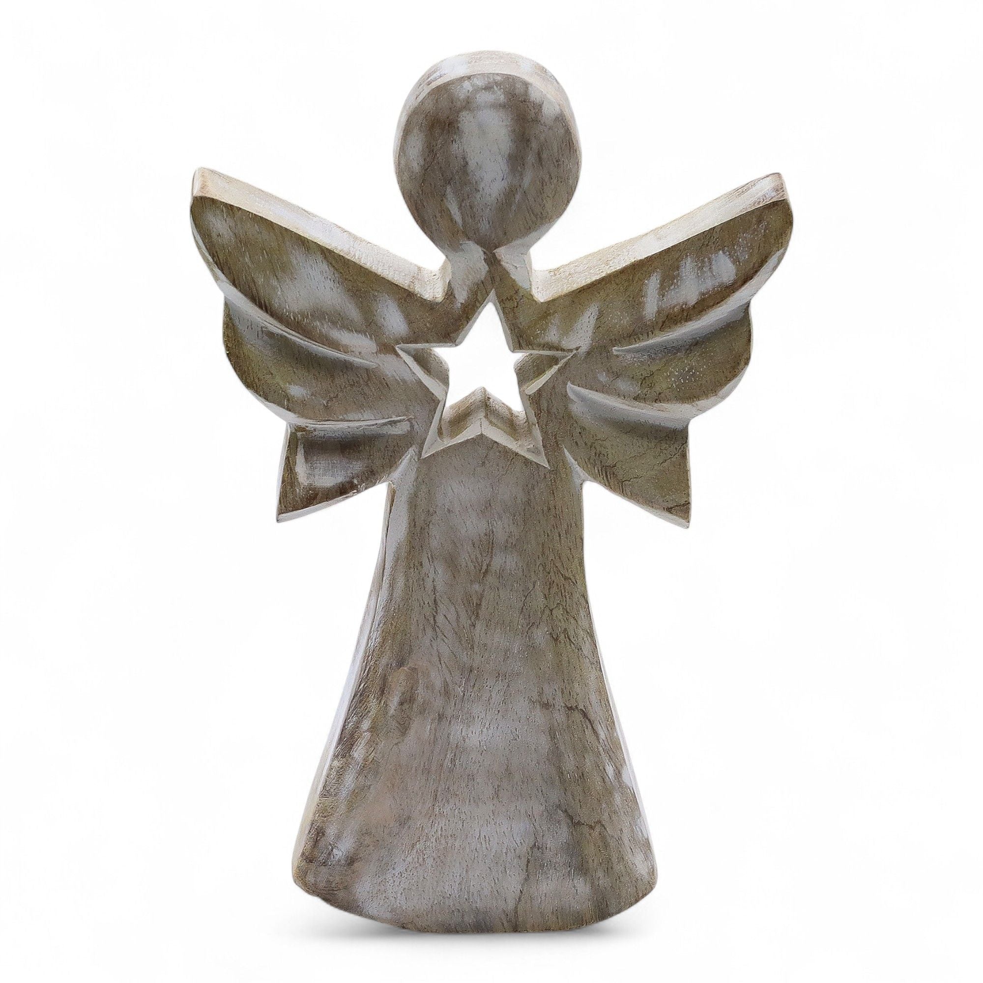 Mango Wood Angel Whitewash with Star Cut Out for Home Decor