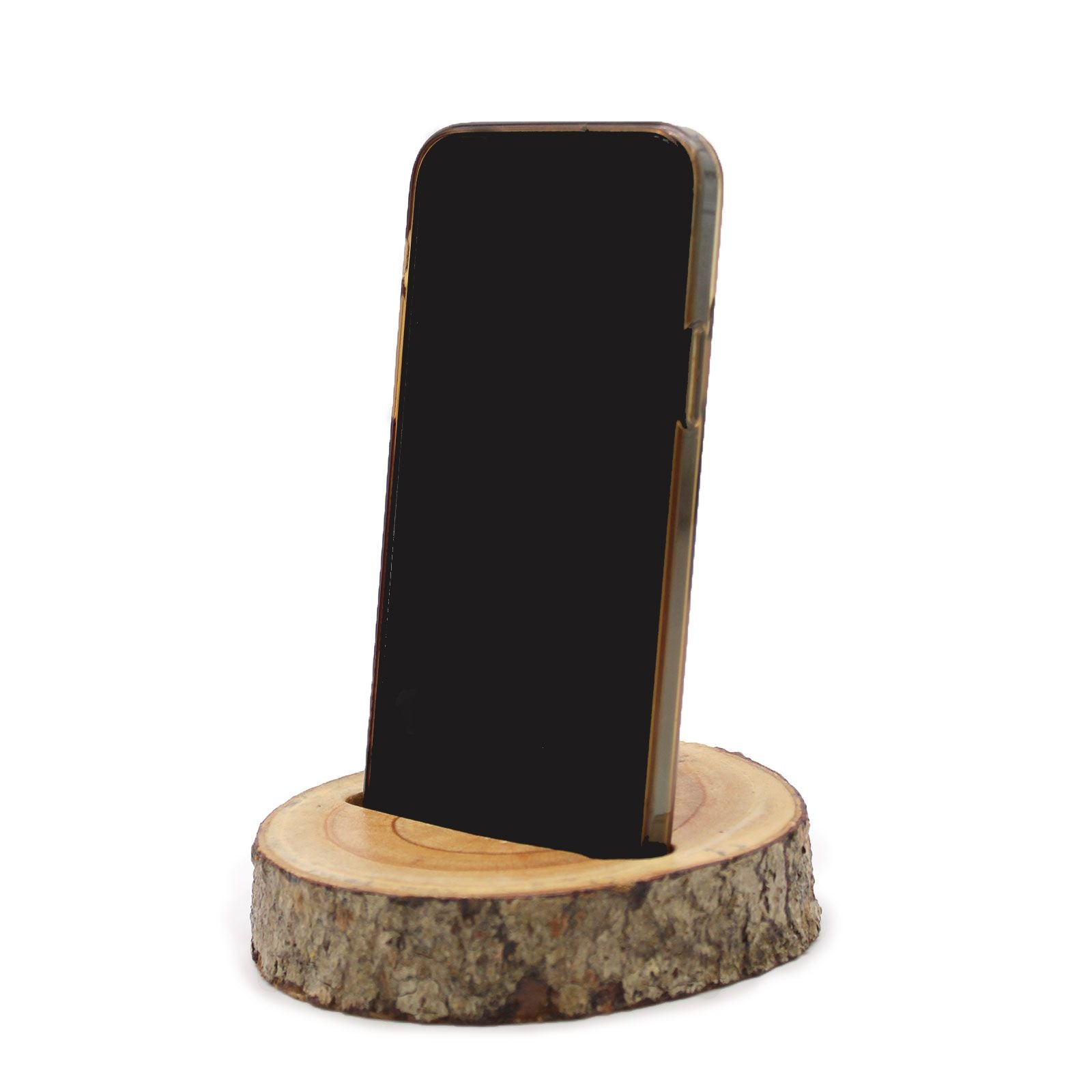 Small Log Phone Holder for Hands Free Use in Natural Wood Style