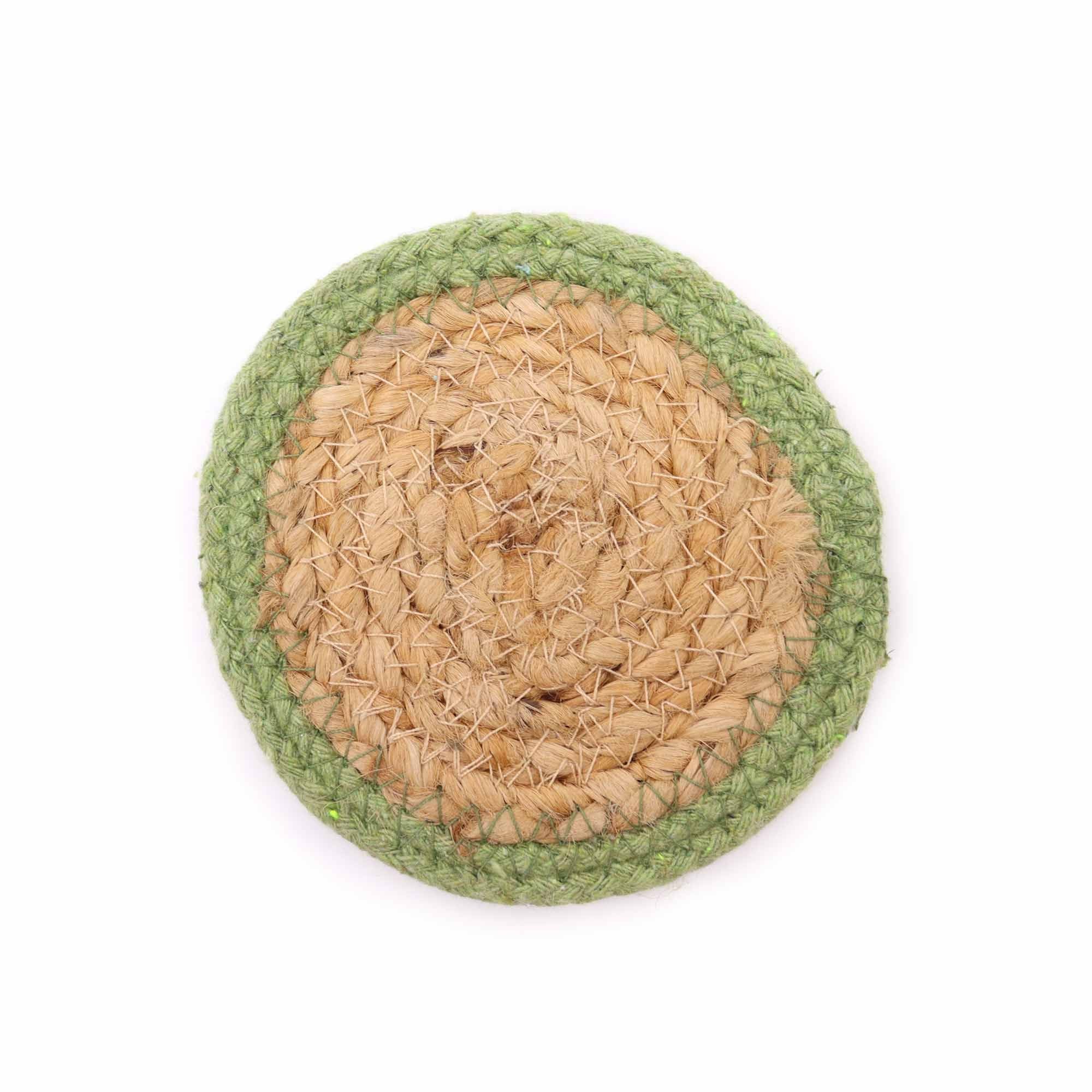 Natural Coaster Set of 4 Jute and Cotton with Olive Border Design