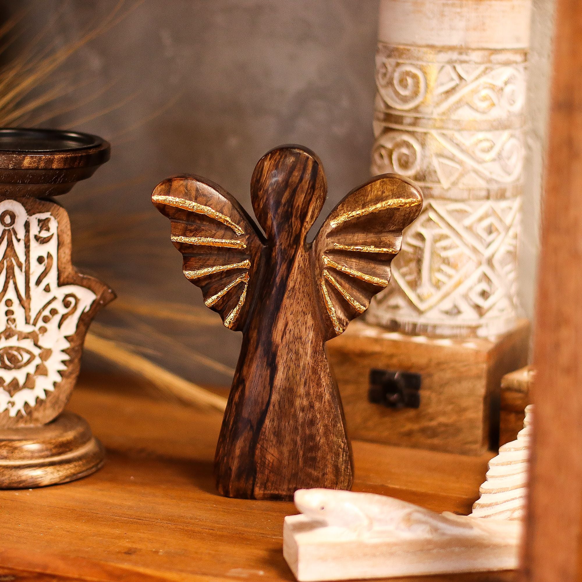 Large Mango Wood Angel with Gold Wings for Home Display Decor