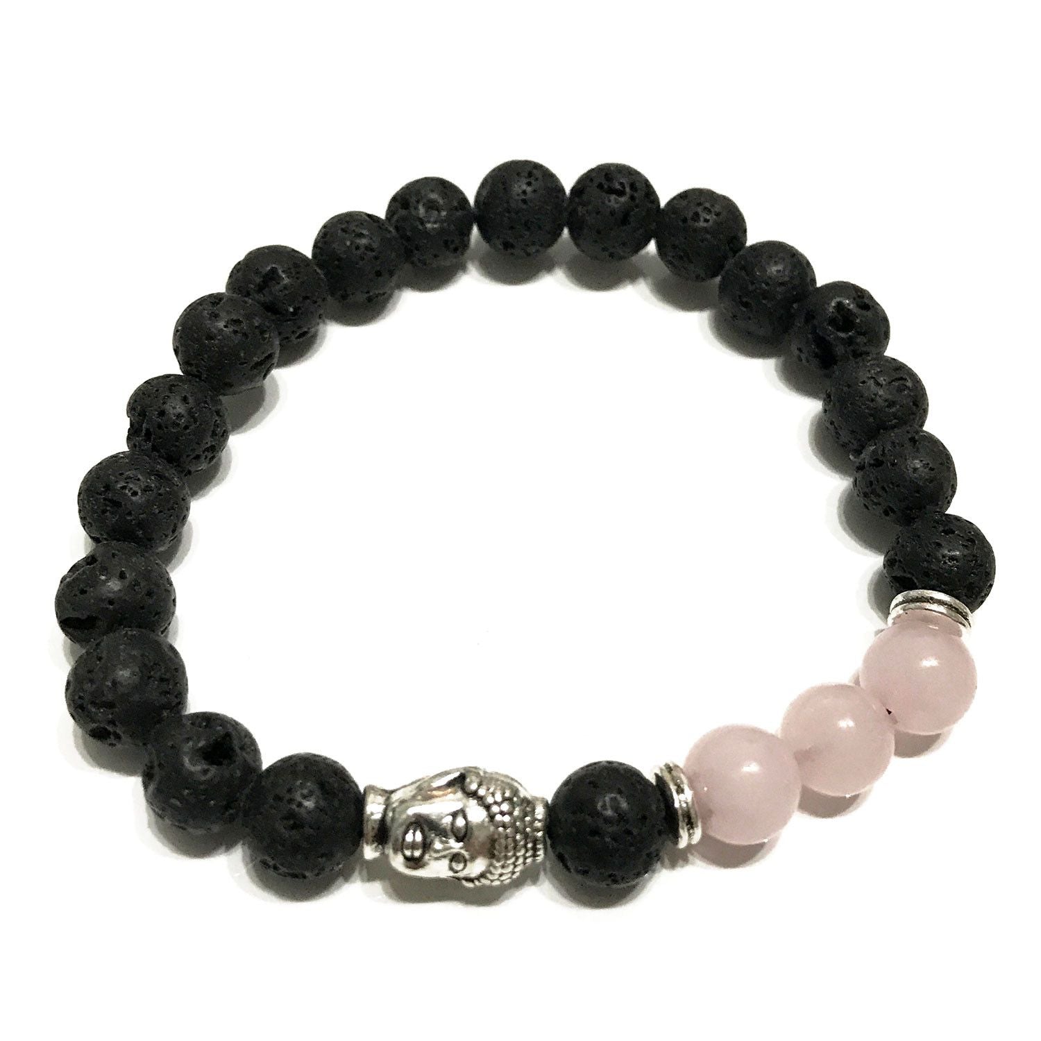 Lava Stone Bracelet with Buddha and Rose Quartz for Aromatherapy