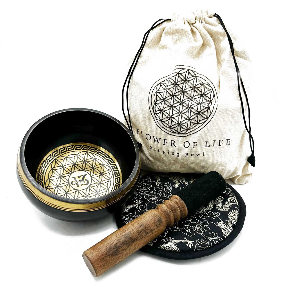 Hand Beaten Engraved Singing Bowl Gift Set with Flower of Life Design