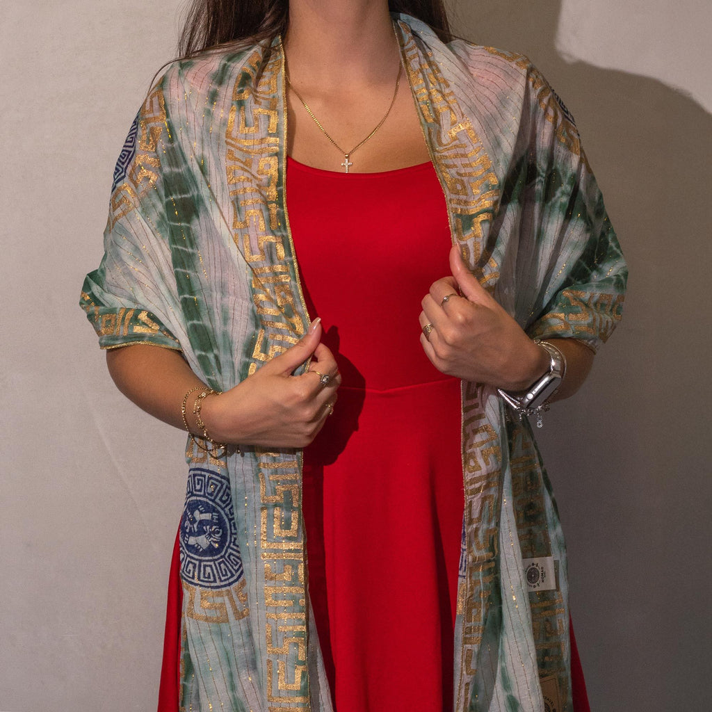 Nomad Sari Summer Marbella Print Scarf in Green and Gold Accents