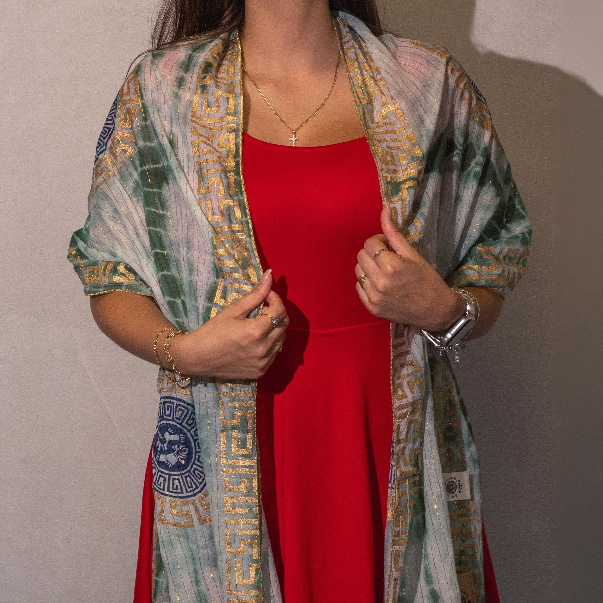 Nomad Sari Summer Marbella Print Scarf in Green and Gold Accents