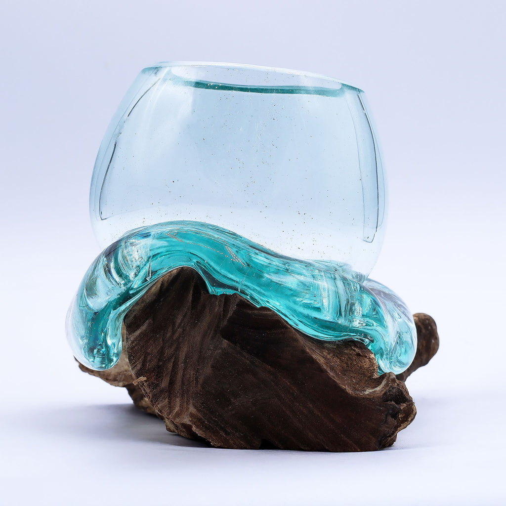 Molten Glass Mini Goldfish Bowl on Wood for Unique Décor