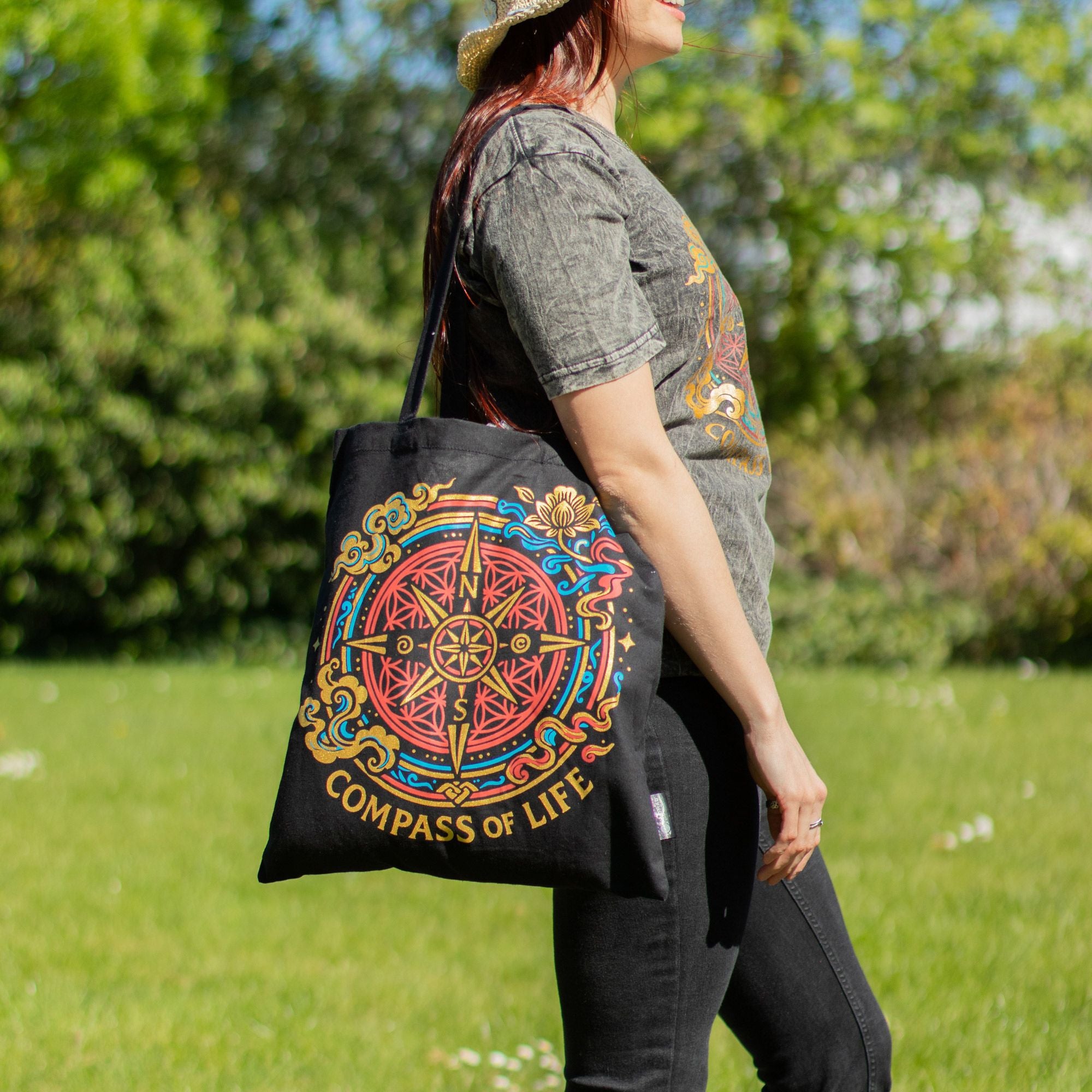 Iconic Classic Tote Bag with Compass of Life Black Cotton Design