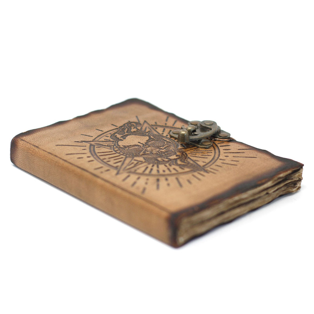 Leather Pentagon & Skull Notebook with Burns Detail 7x5 Inches