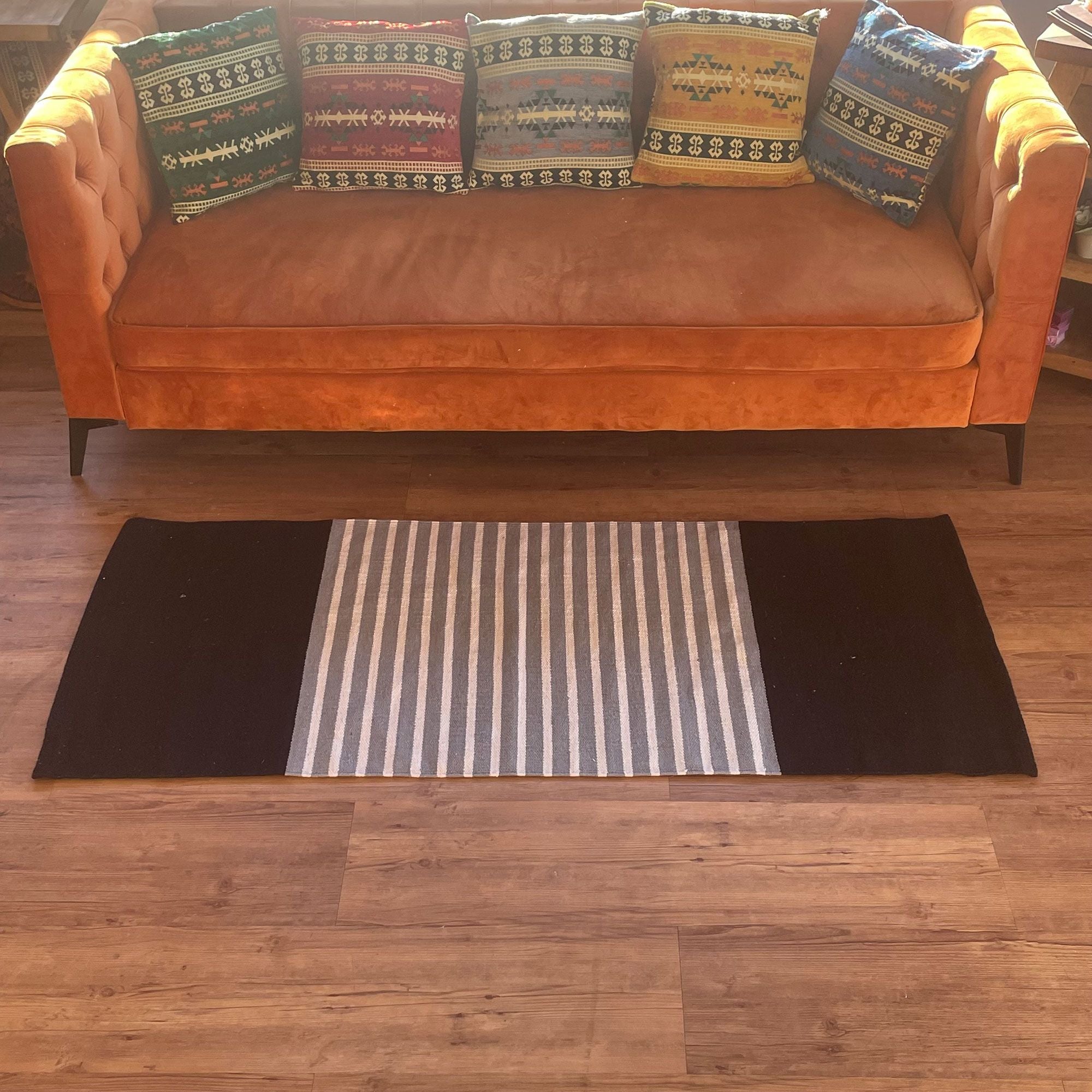 Stylish Indian Cotton Rug 70x170cm in Black and Grey Design
