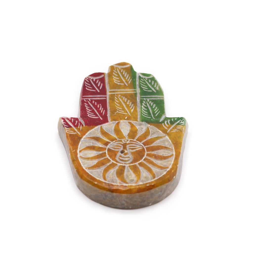 Soapstone Hamsa Incense Holder with Sun Face Design for Decor