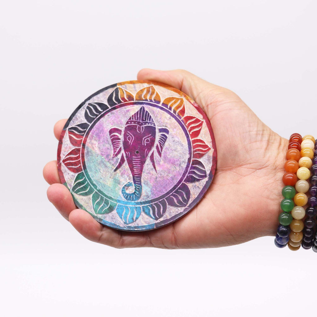 Soapstone Disc Incense Holder with Ganesha Artwork Design