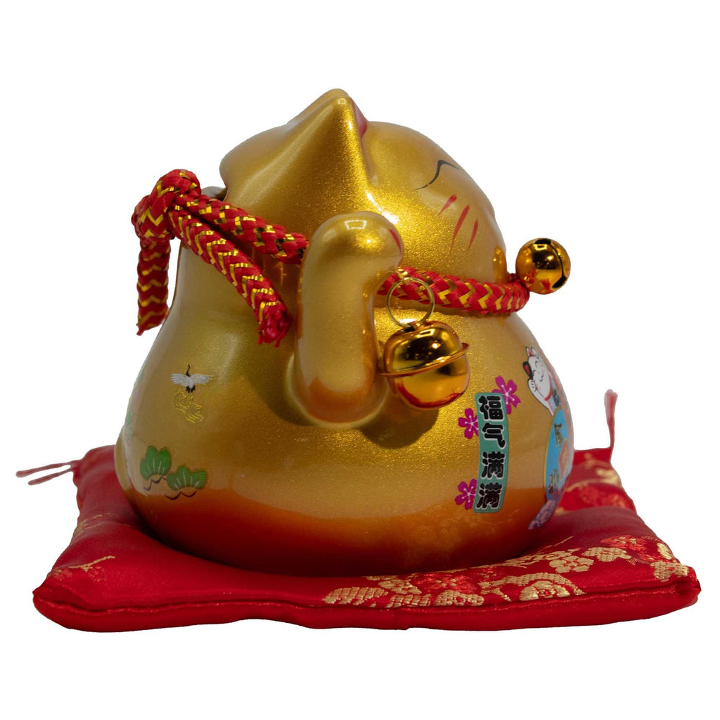 Ceramic Money Cat Bank in Gold on Cushion for Home Decor