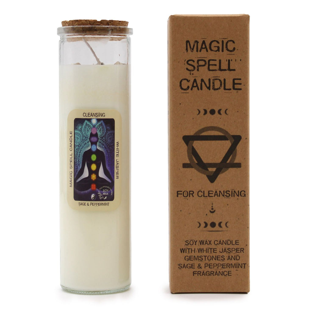 Magic Spell Candle for Cleansing with White Jasper and Sage Aroma