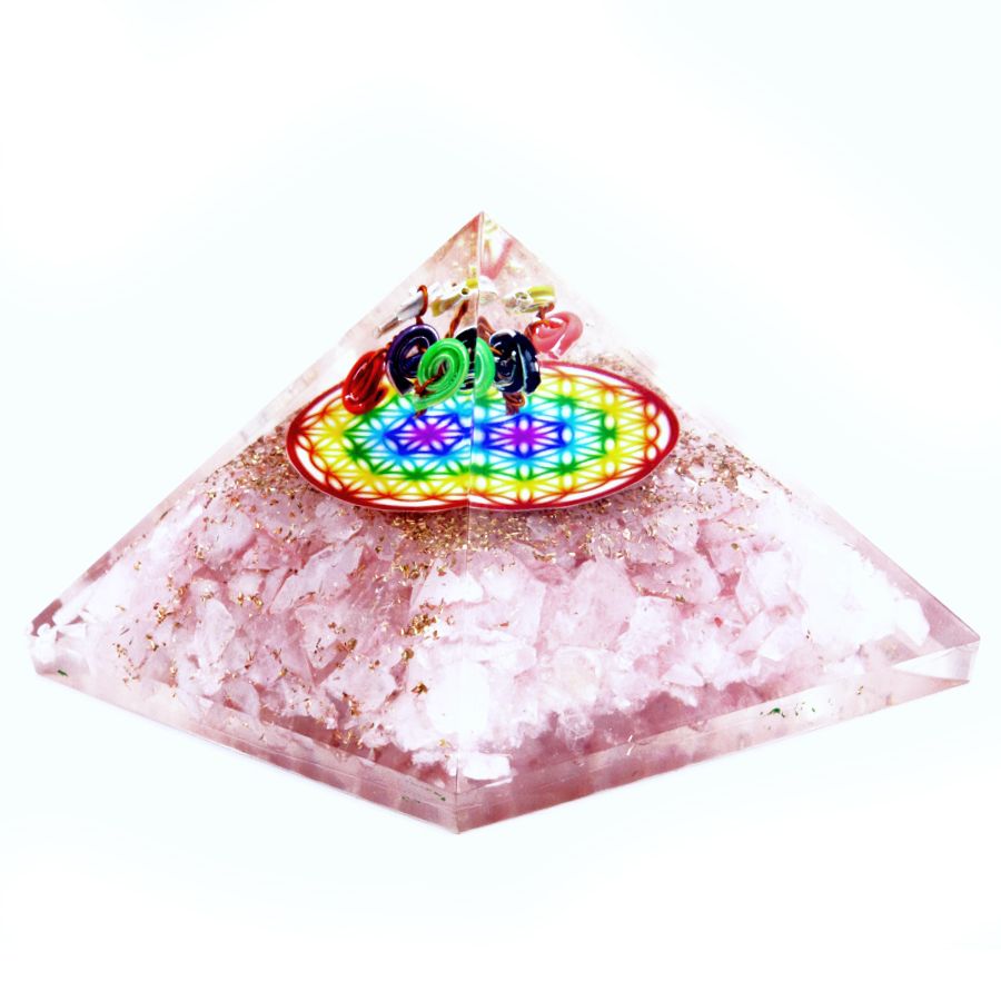 Stunning Orgonite Pyramid with Rose Quartz and Flower of Life