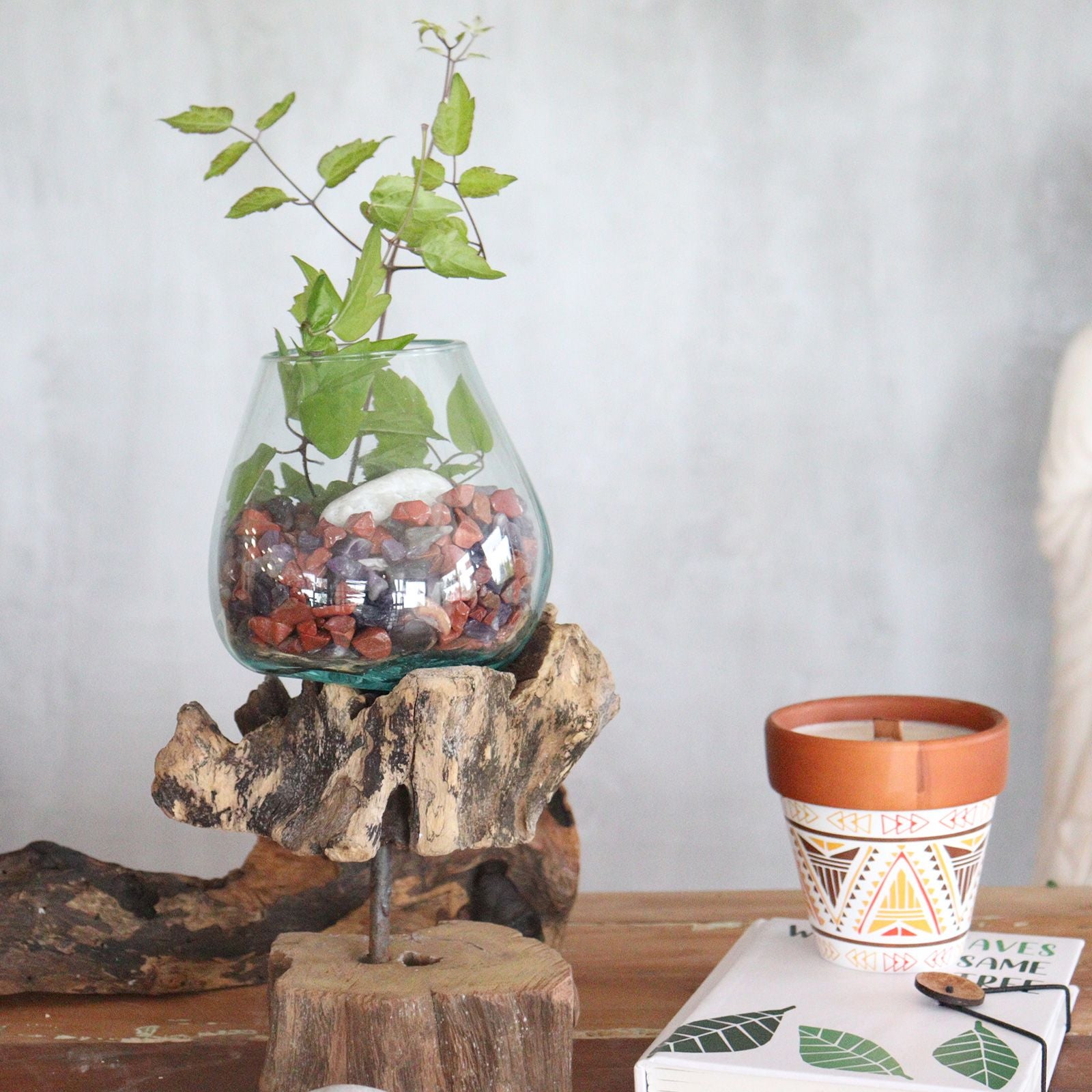 Molten Glass on Wood Large Bowl with Stand for Home Display