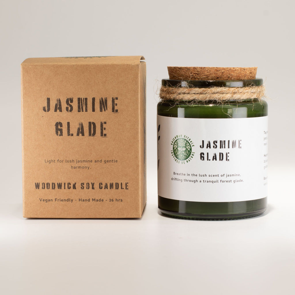 Greenman Woodwick Soy Candle Jasmine Glade in Green Glass Jar