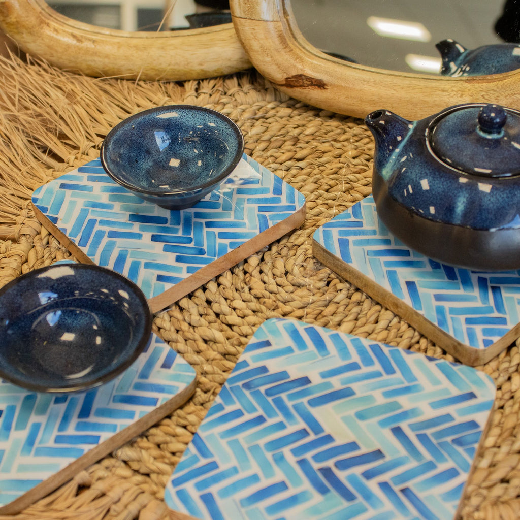 Set of 4 Square Coasters with Blue Stripes for Home Decor