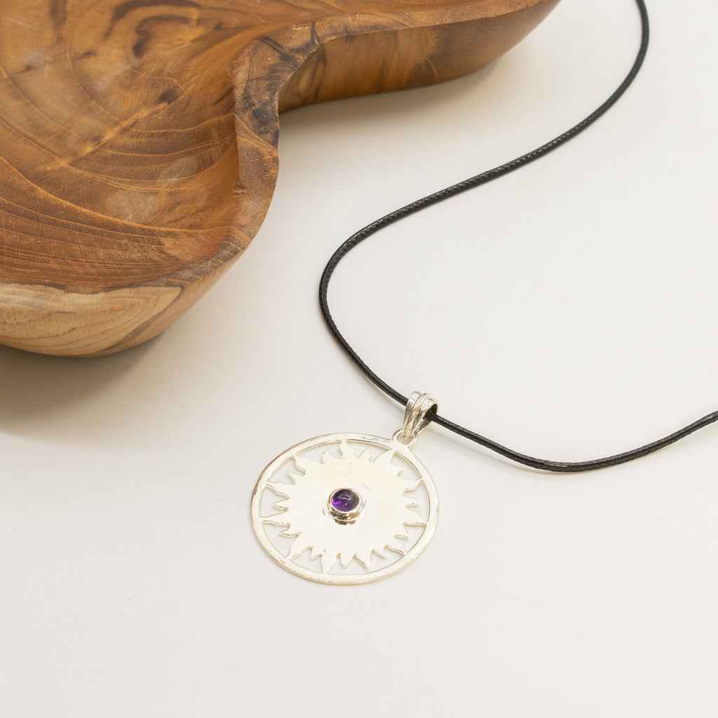 Indian Devotional Pendant with Silver Plated Sun Motif and Amethyst