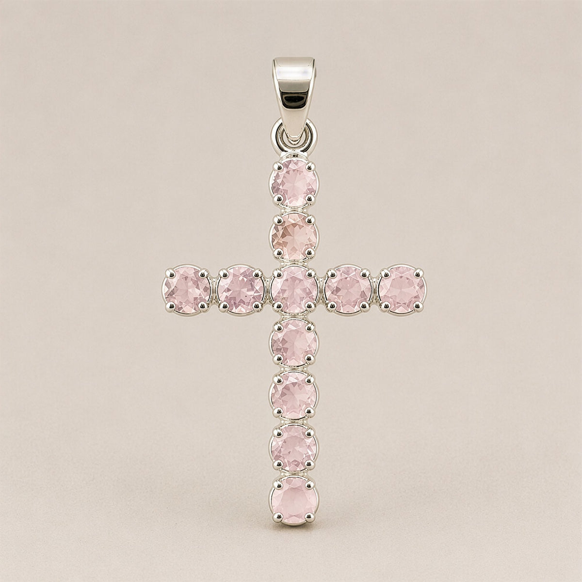 Indian Devotional Pendant - Silver Plated (45cm Chain)- Rose Quartz Crucifix