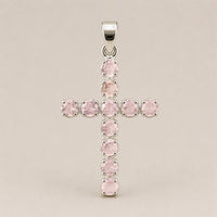 Indian Devotional Pendant - Silver Plated (45cm Chain)- Rose Quartz Crucifix