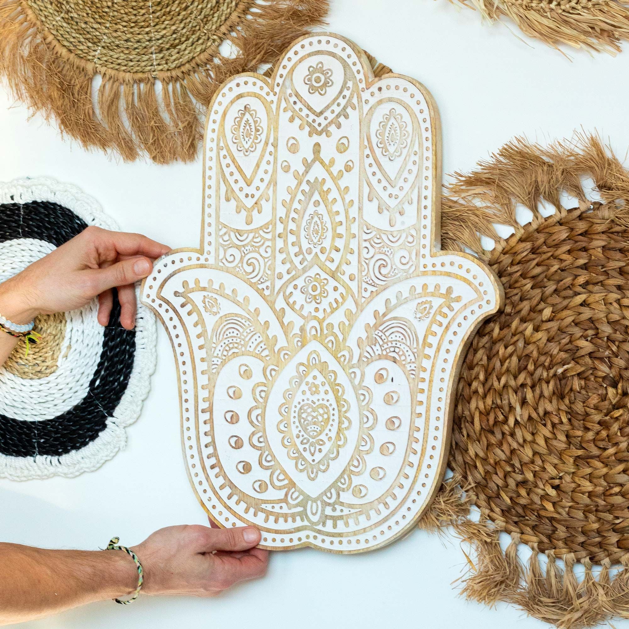 Mango Wood Hamsa Wall Plaque in Whitewash for Home Decor