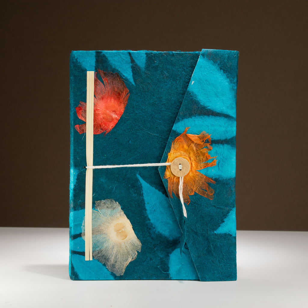 Lokta Bold Floral Notebook Large with Bookmark in Midnight Blue