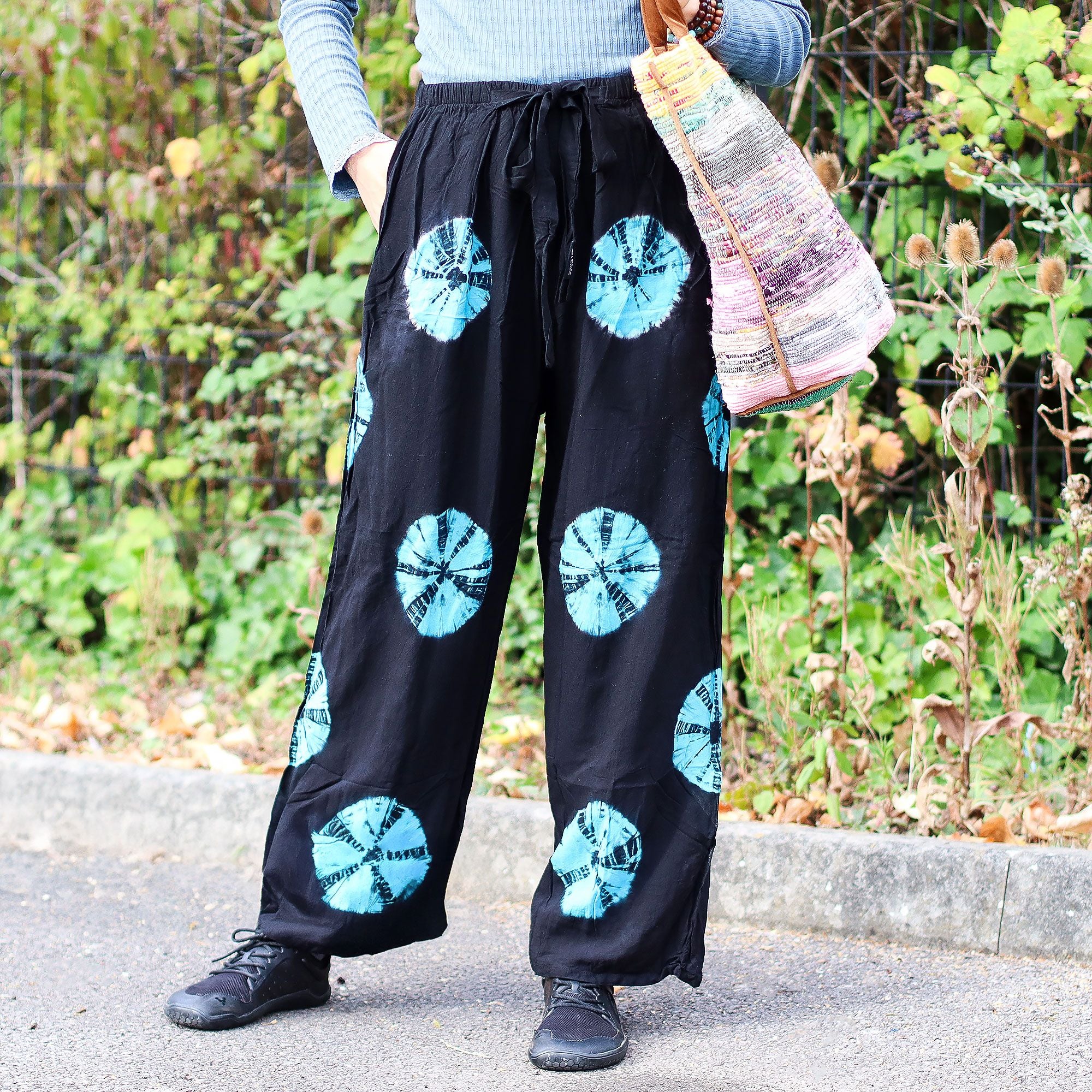 Japanese Style Lounge Pants in Black and Blue with Tie Dye Design