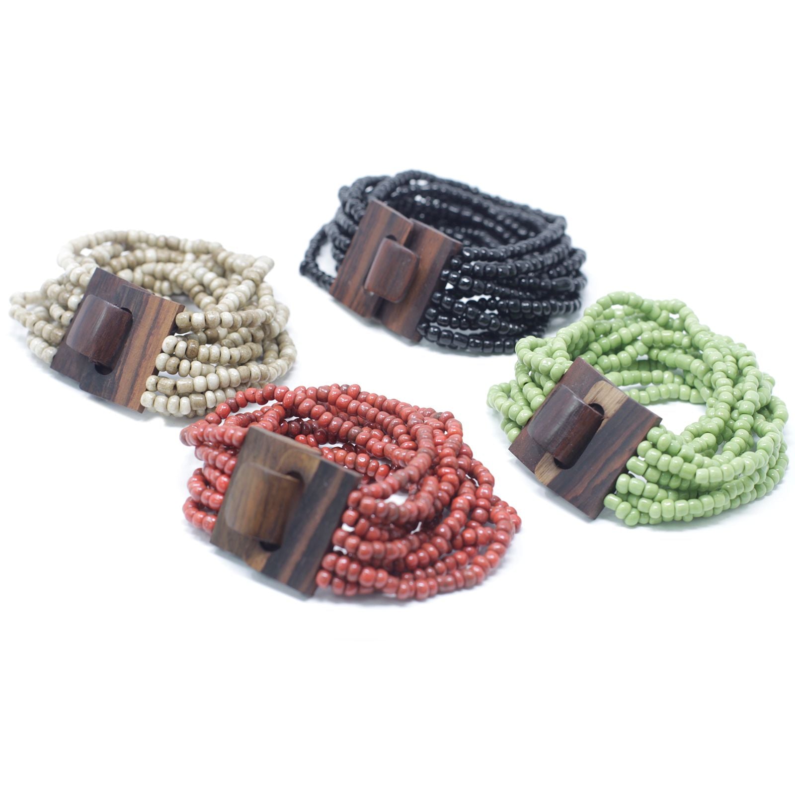 Multi Bead Bangle with Wooden Clasp in Assorted Colours