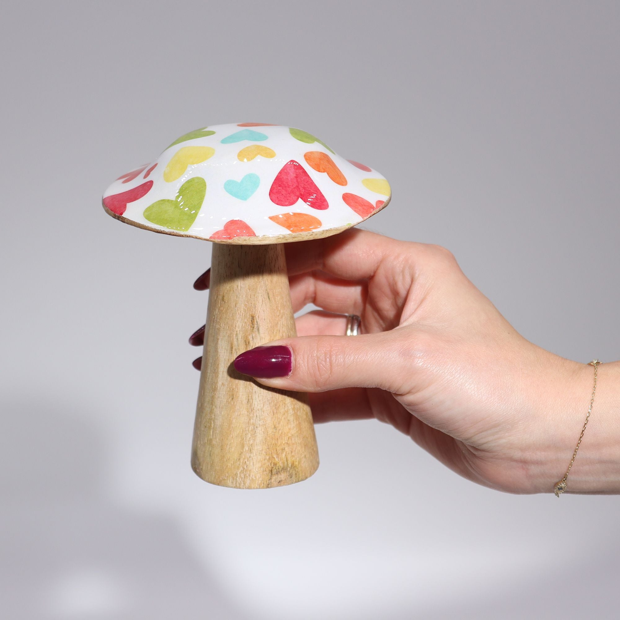 Small Enamelled Mushroom Decoration with Pastel Hearts 10cm