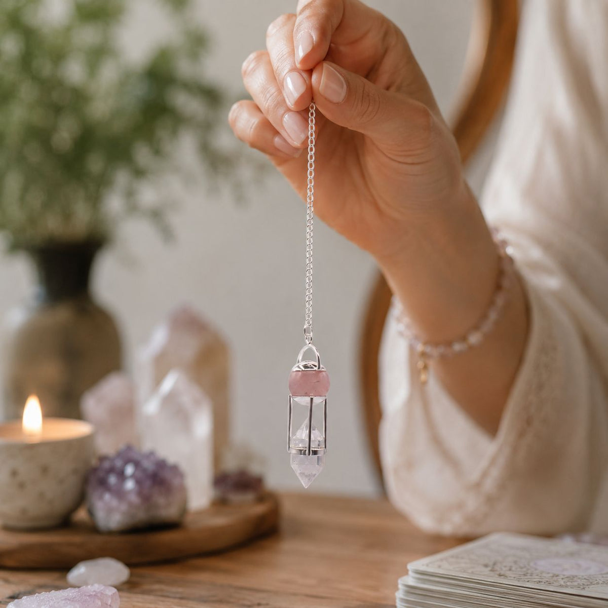 The Heart Whisperer- Double Power Pendulum - Rose Quartz Globe - Clear Quartz Double Terminated