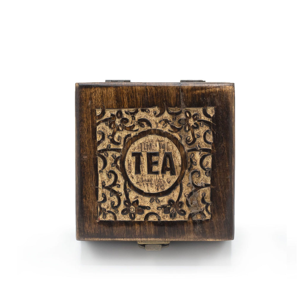 Mango Carved Tea Box with 4 Compartments for Organised Storage