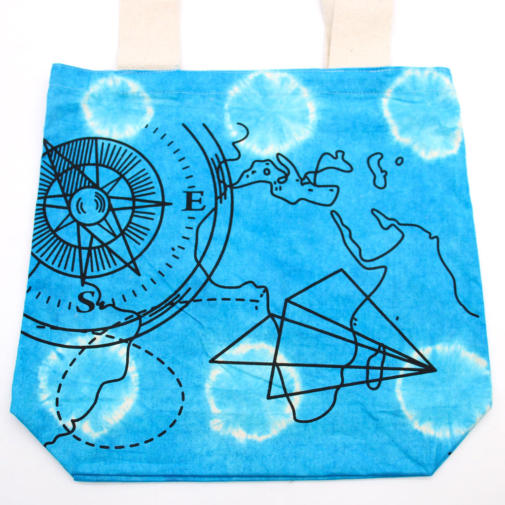 Tye Dye Cotton Bag with Compass Design and Natural Handle