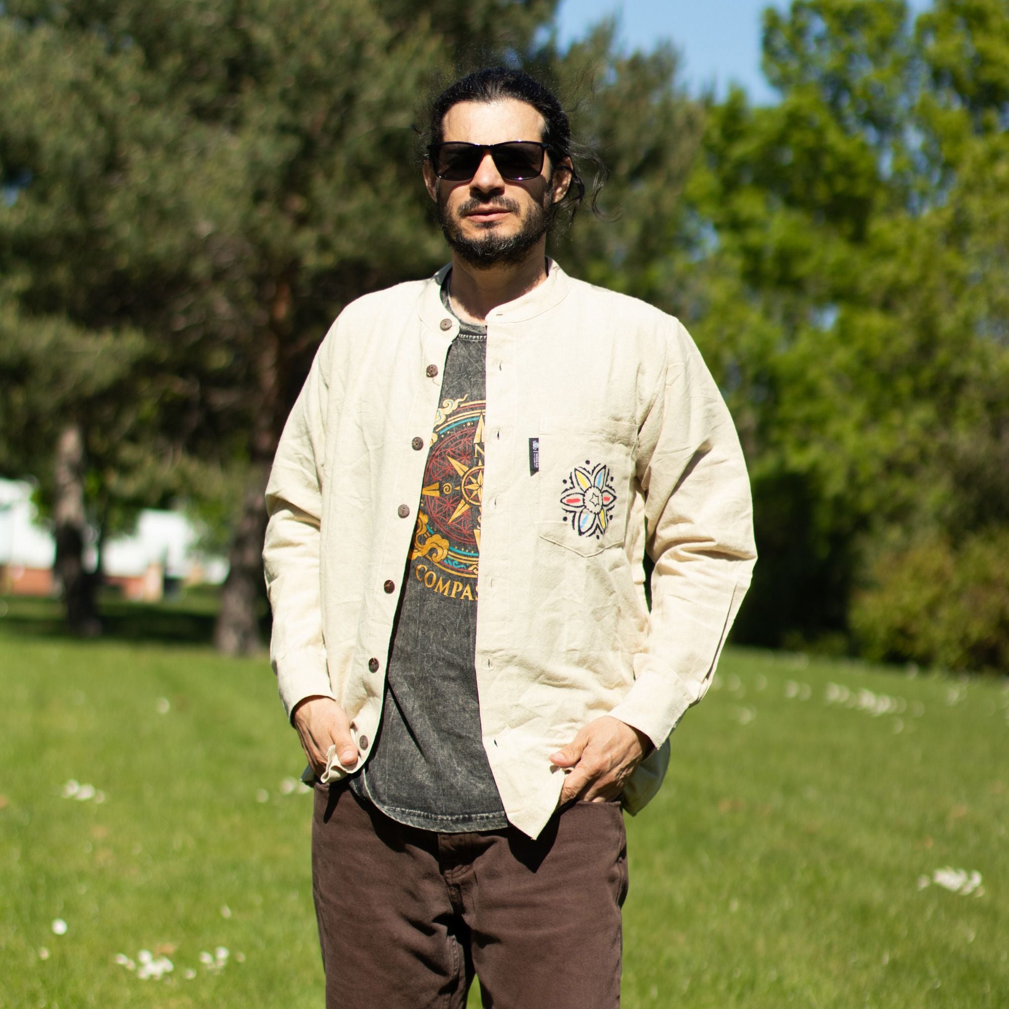 Nomad Sari Stonewashed Cotton T Shirt with Compass Design Charcoal