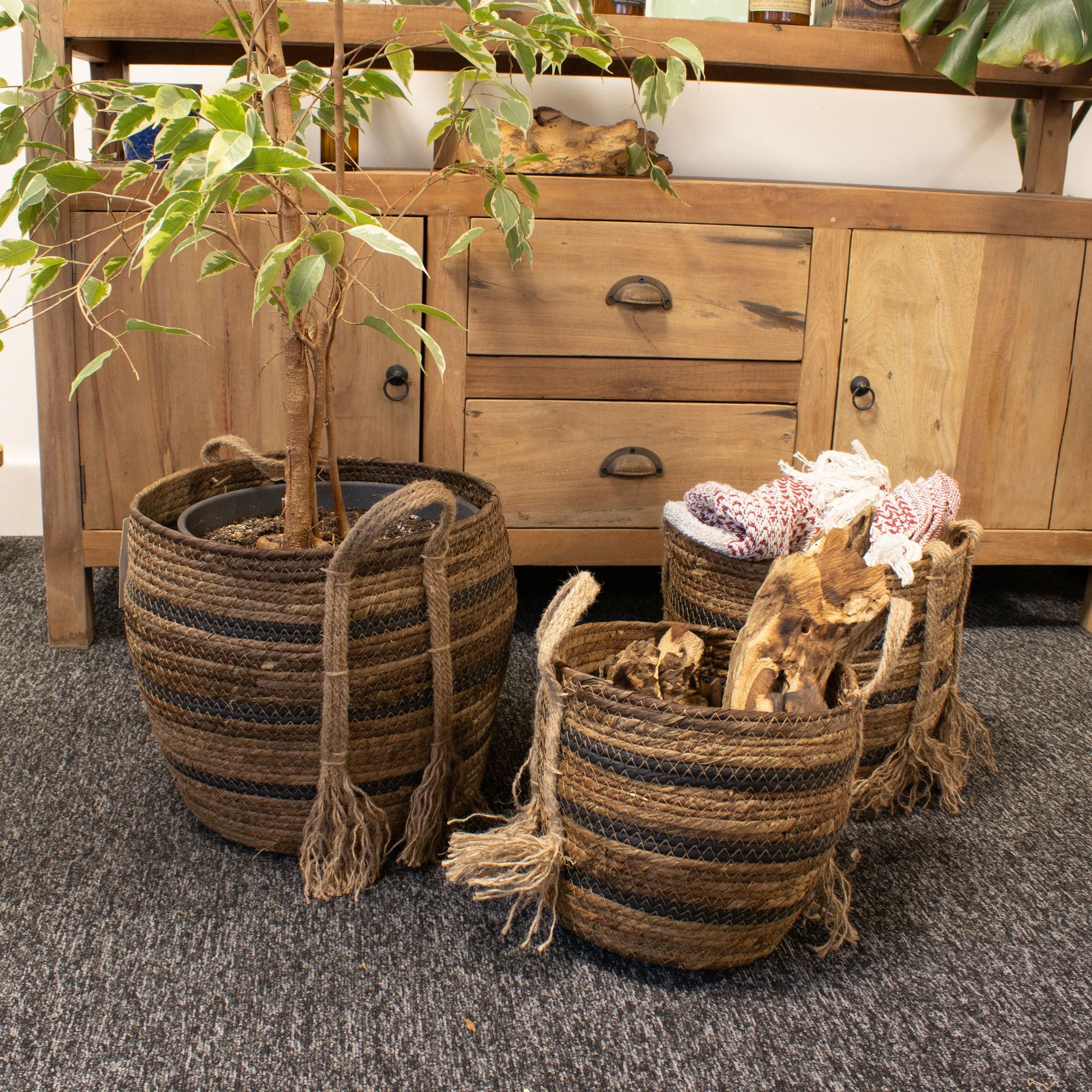 Bananna Leaf & Seagrass Large Baskets Natural Browns Set of 3
