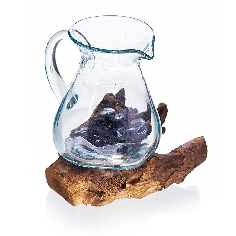 Molten Glass Water Jug on Wood Base for Chic Home Decor