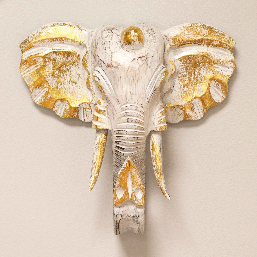 Large Gold and Whitewash Elephant Head Decorative Figure for Home