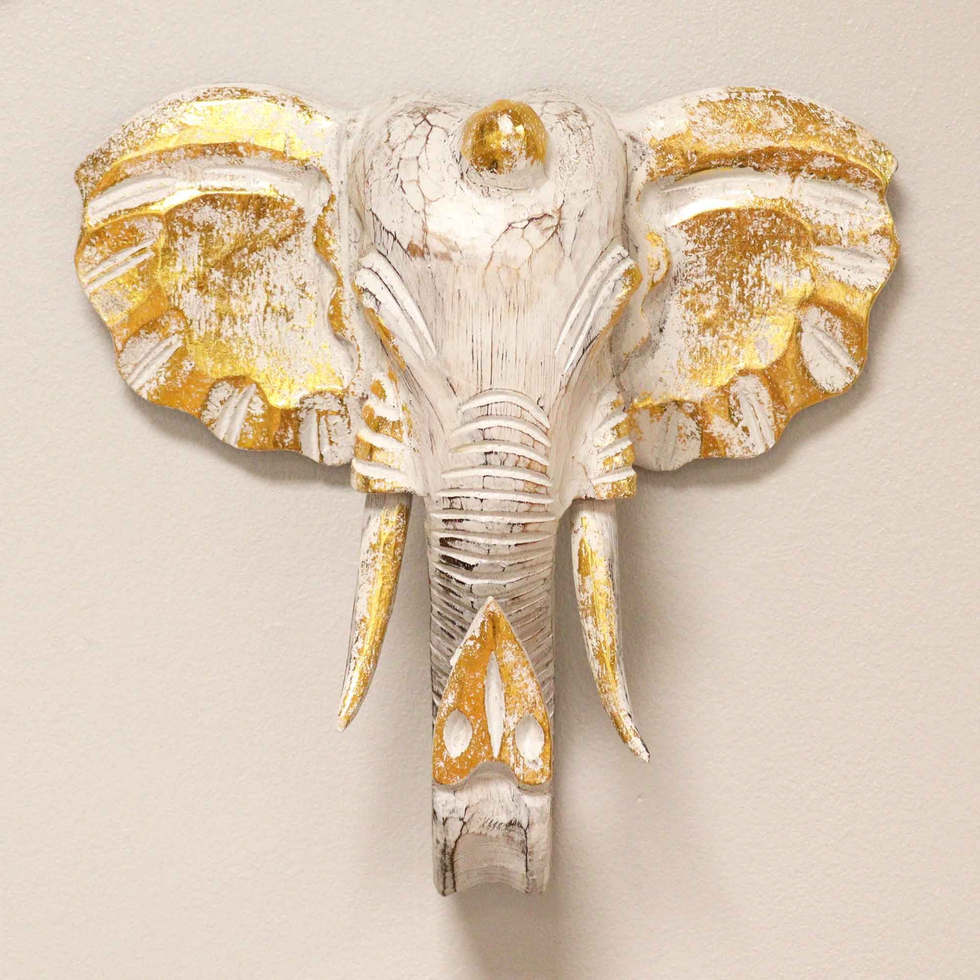 Large Gold and Whitewash Elephant Head Decorative Figure for Home