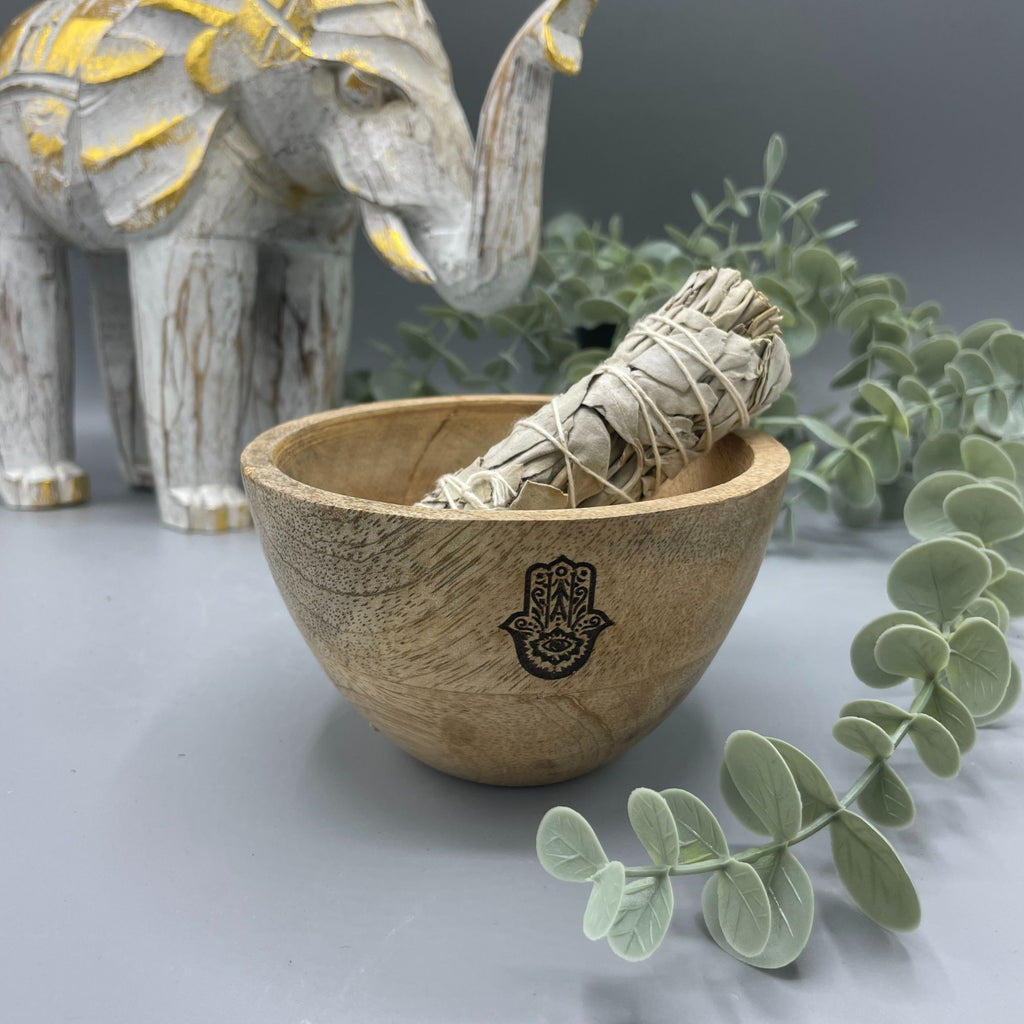 Wooden Smudge and Ritual Offerings Bowl with Hamsa Design 11x7cm