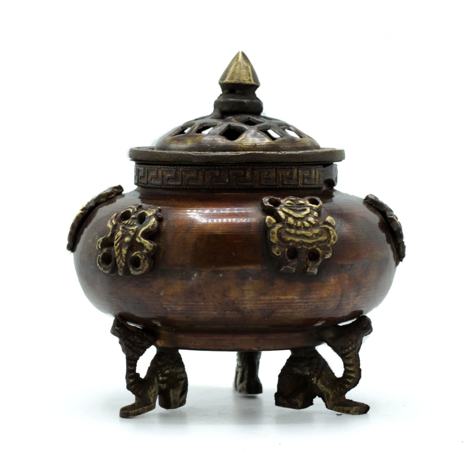 Brass Tibetan Incense Burner with Six Symbols and Dragon Feet