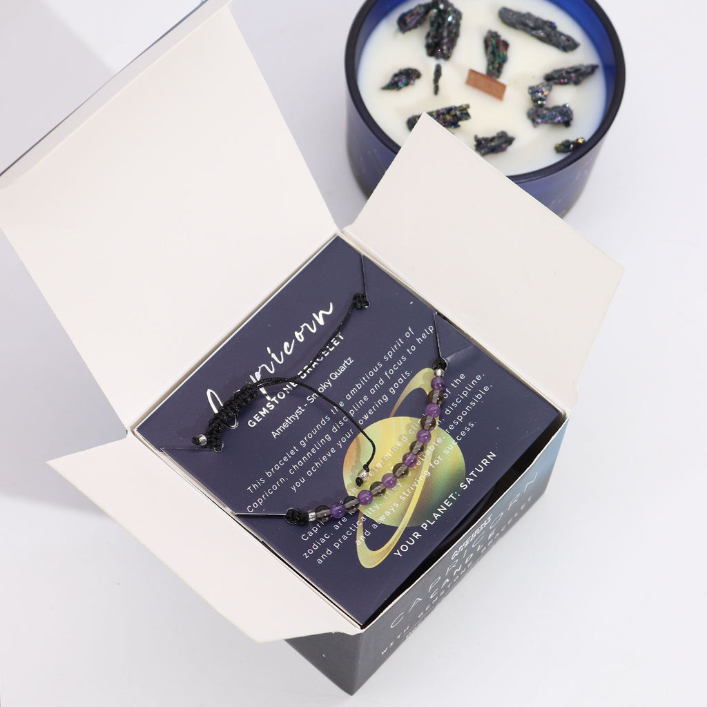 Capricorn Zodiac Crystal Candle and Gemstone Bracelet Gift Set