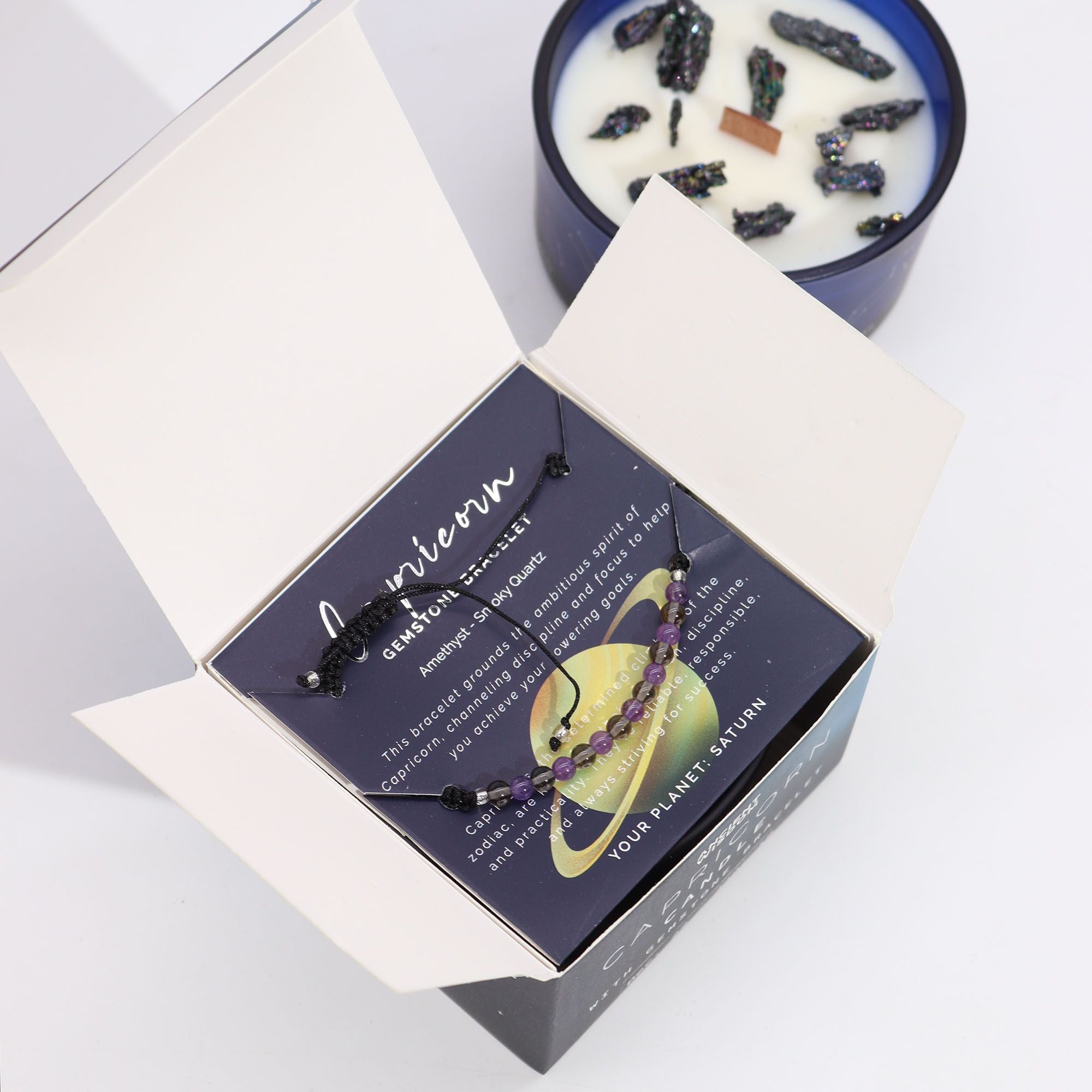 Capricorn Zodiac Crystal Candle and Gemstone Bracelet Gift Set