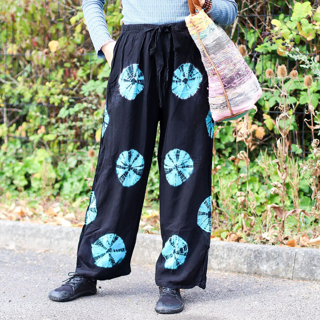 Japanese Style Lounge Pants in Black and Blue with Tie Dye Design