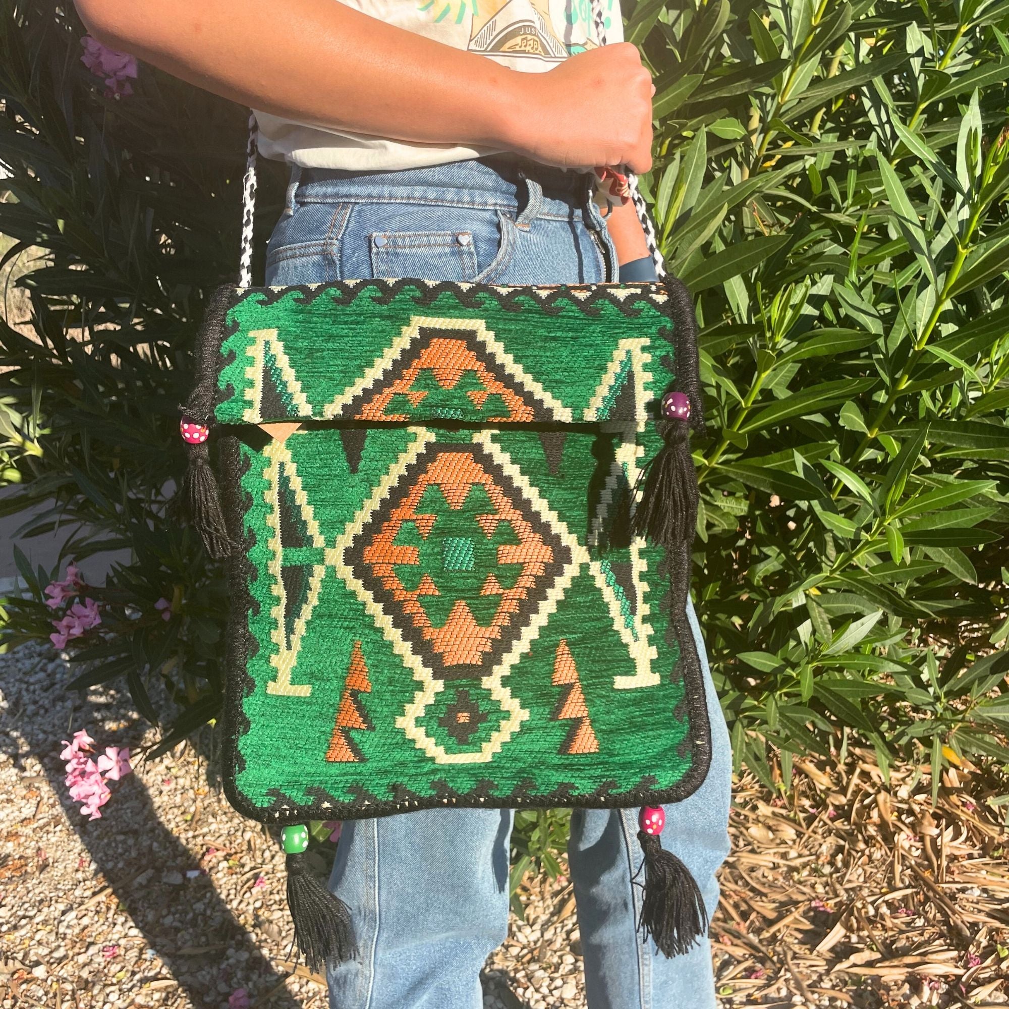 Emerald Green Kilim Messenger Festival Bag for Summer Outings
