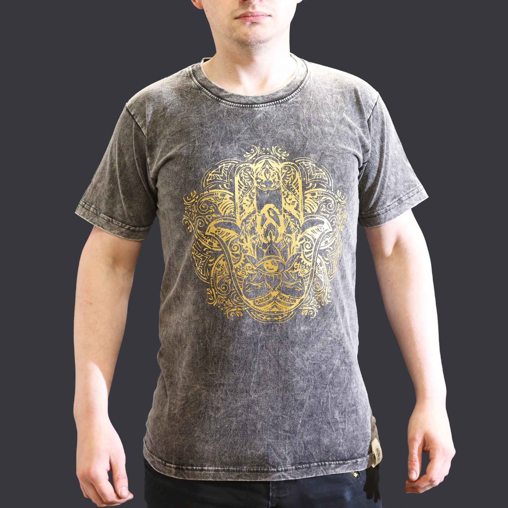 Nomad Sari Stonewashed Cotton T Shirt with Hamsa Design in Grey