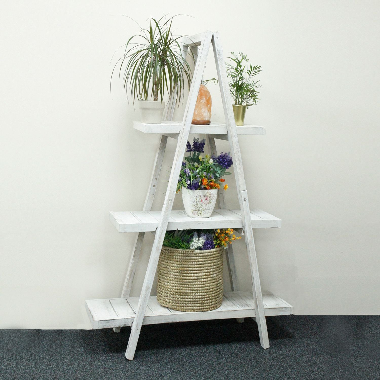 Folding Wooden A Frame Shelf in Whitewash for Home Storage