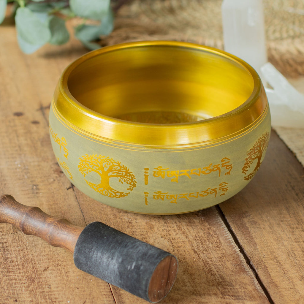 Large Aluminum Singing Bowl with Buddha and Tree of Life Design