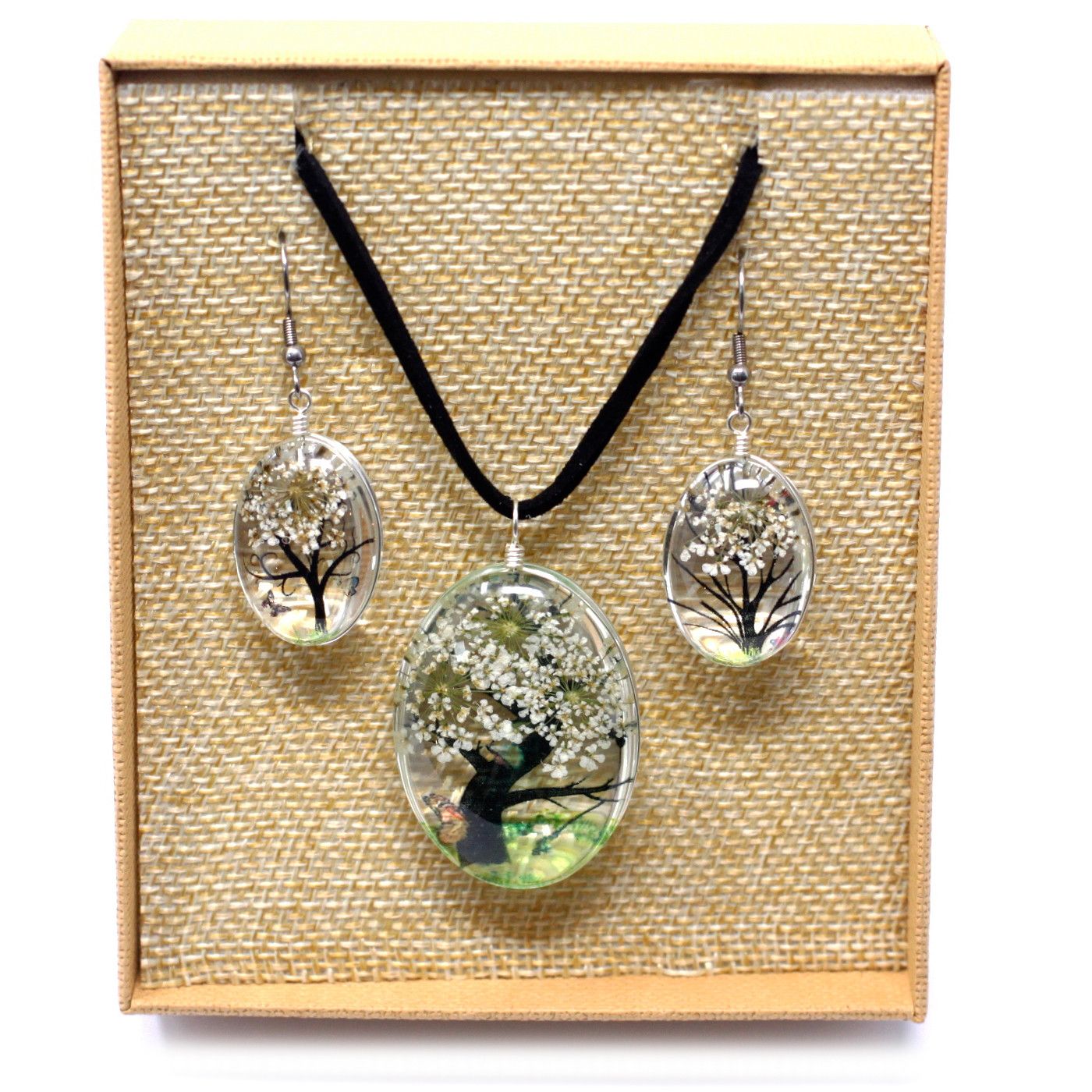Pressed Flowers Tree of Life Set in White Unique Jewellery Gift