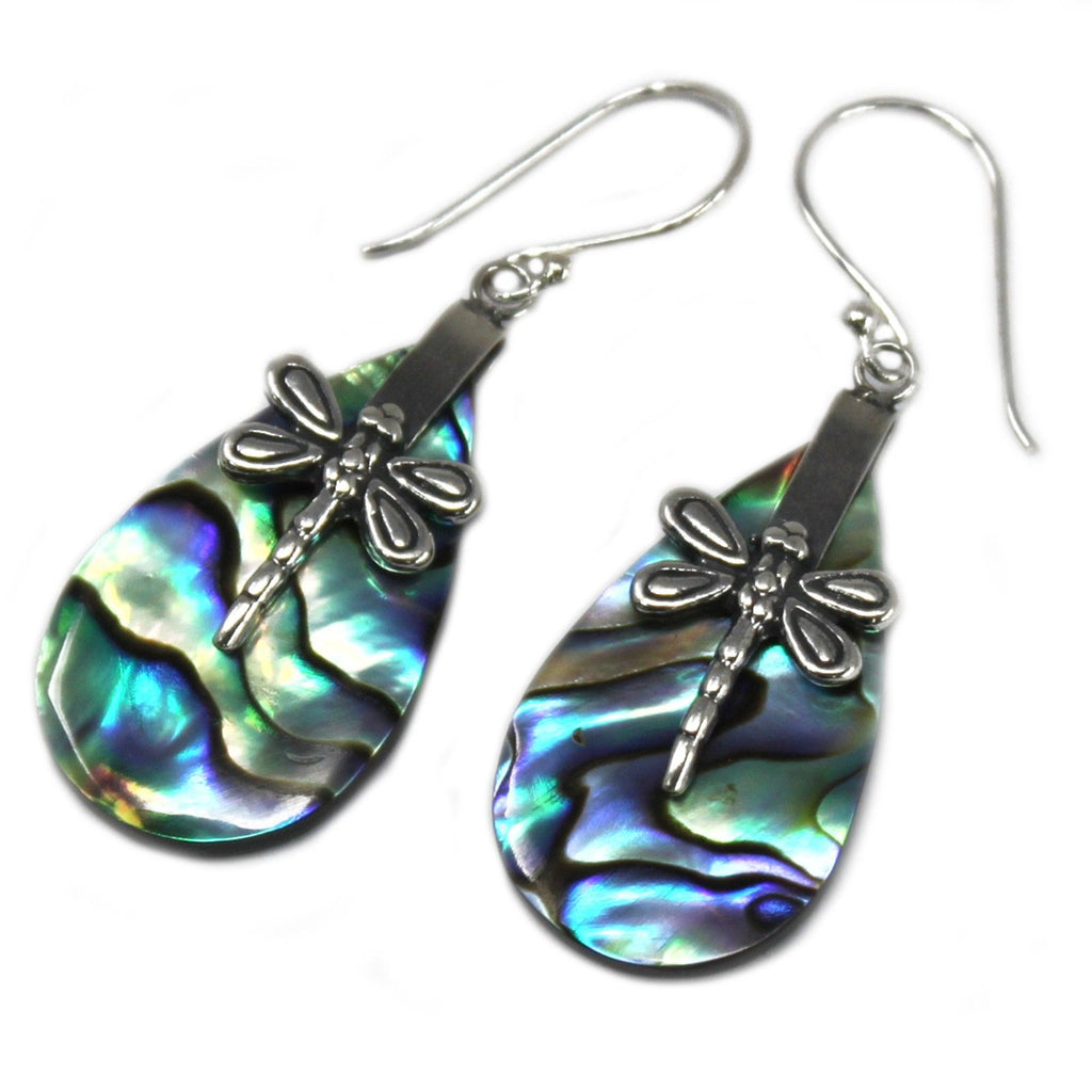 Shell and Silver Dragonfly Earrings with Abalone Detail Design
