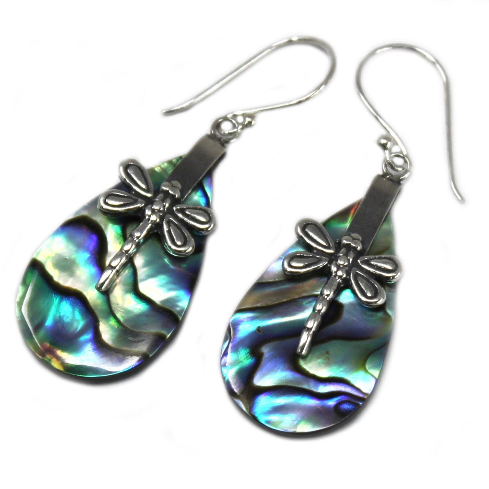 Shell and Silver Dragonfly Earrings with Abalone Detail Design