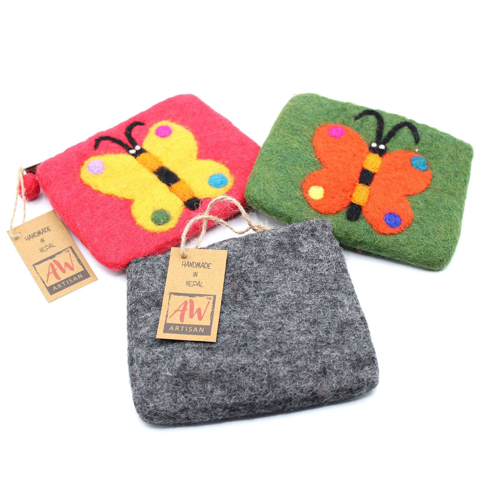 Natural Felt Zipper Pouch with Big Butterfly Design Assorted