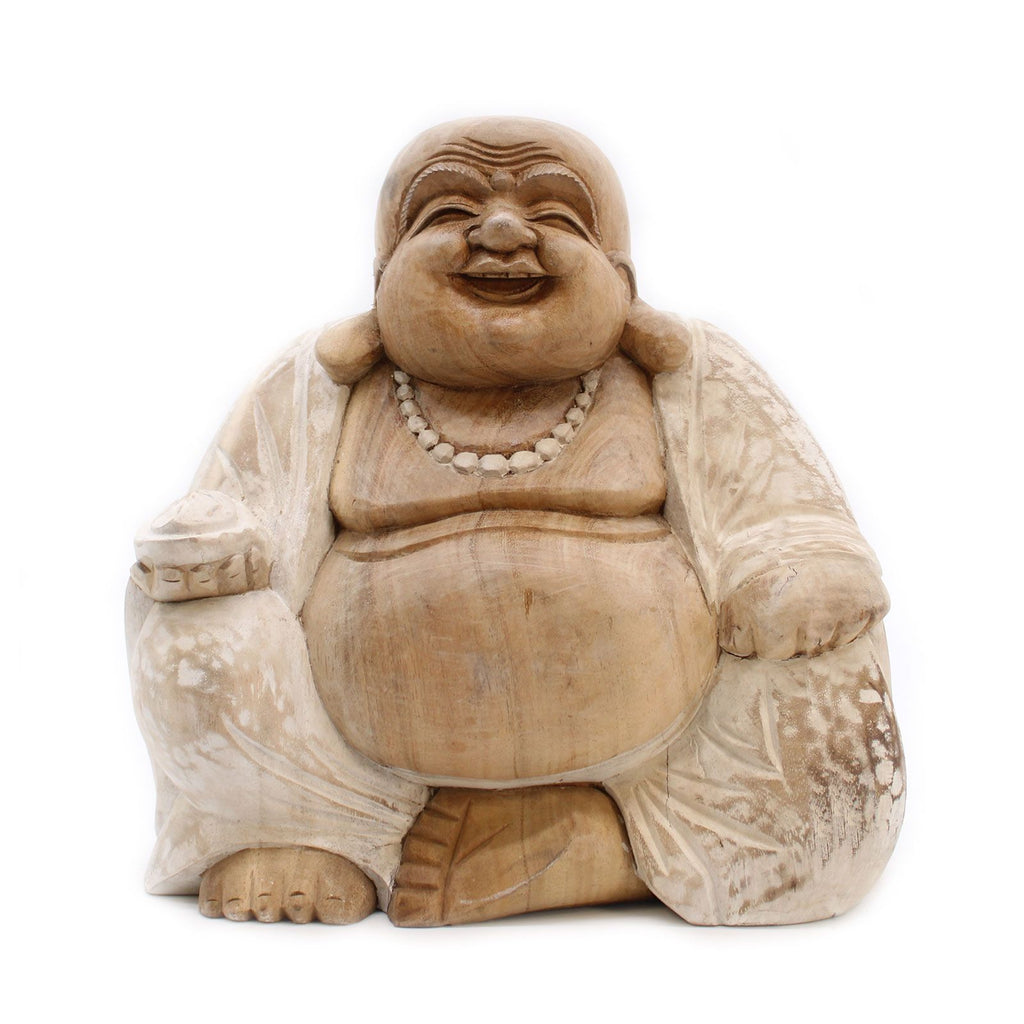 Happy Buddha Whitewash 30cm Hand Carved Decorative Statue